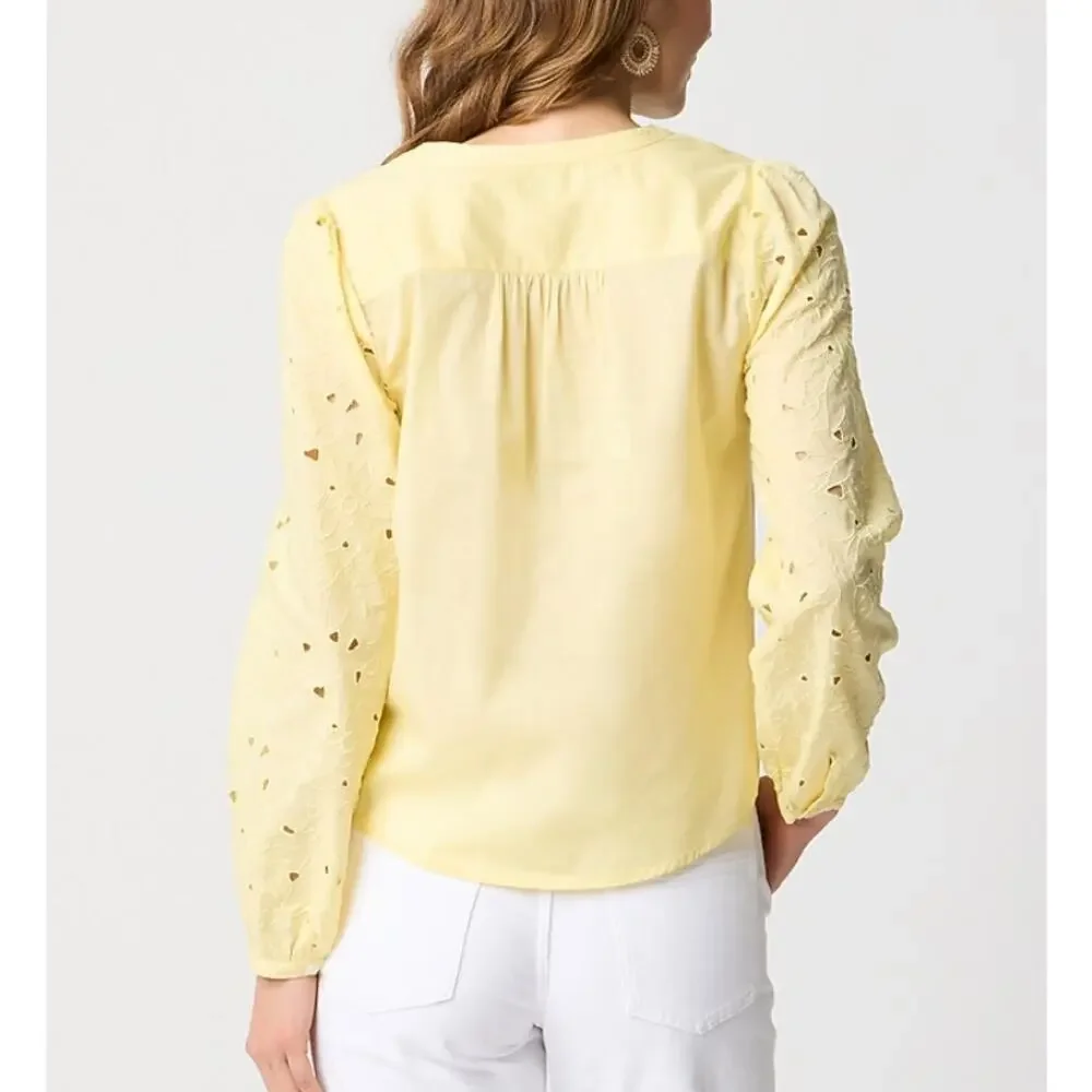 J.Crew Eyelet-Sleeve Button-Front Top Womens L Black Cotton Embroidered Crewneck